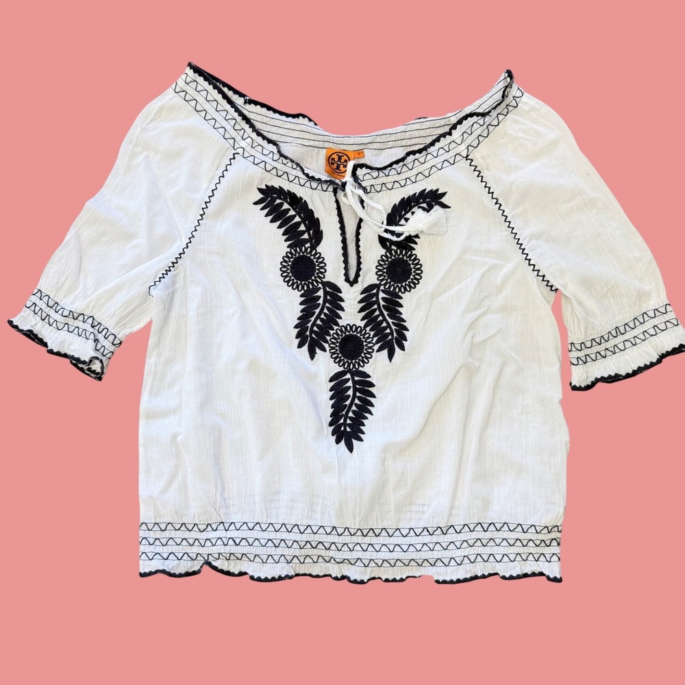 Tory Burch Peasant Blouse Med White Navy Embroidered Cotton Tassel Of Shoulder